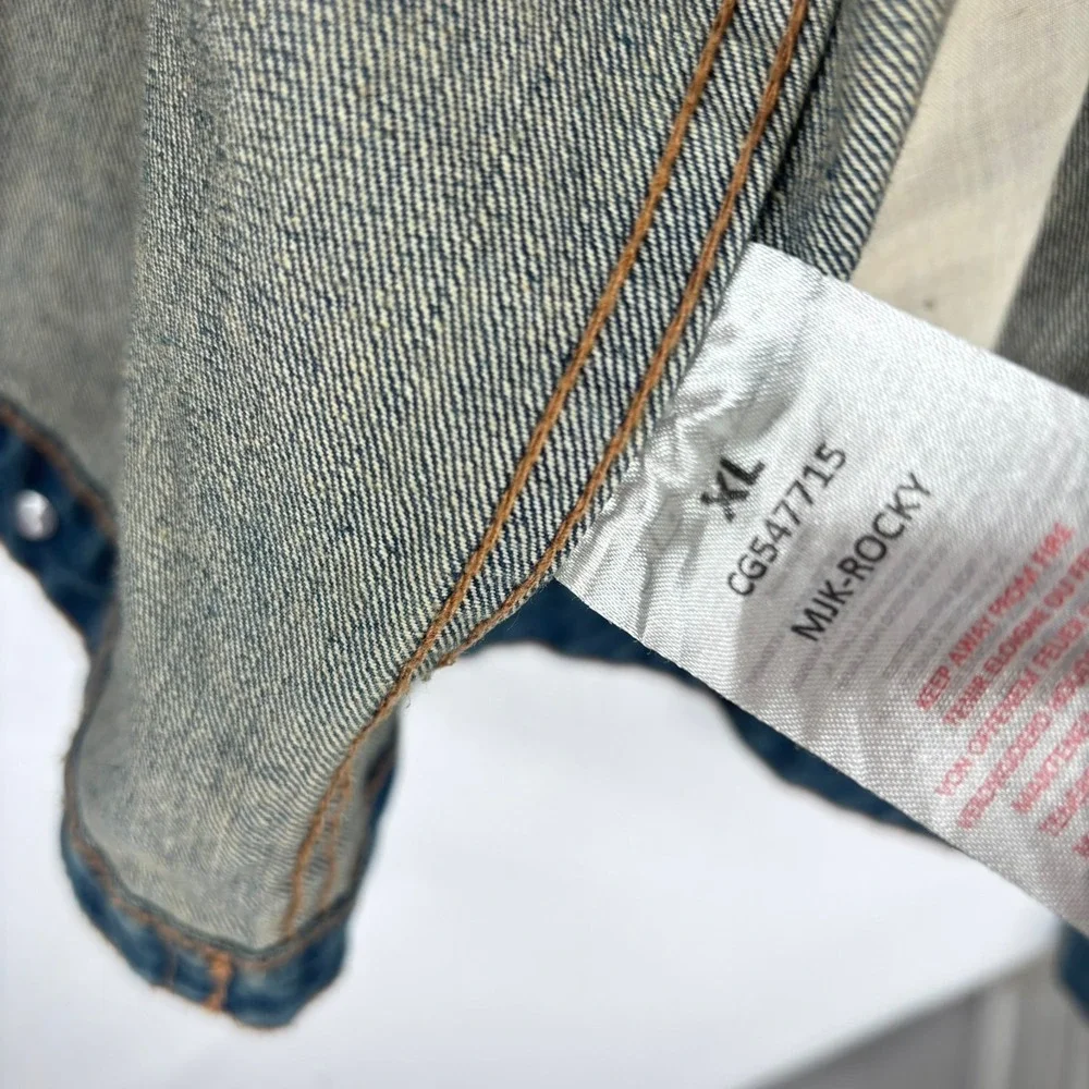 Distressed Denim Jean Jacket Mens XL Medium Wash Collar Button Front - Picture 6 of 7